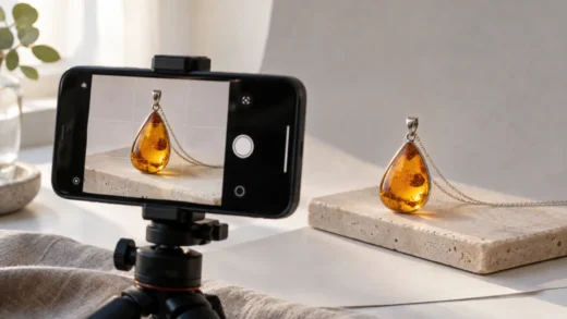 Telefon na statywie fotografuje bursztynowy wisior przy miękkim świetle okna.
